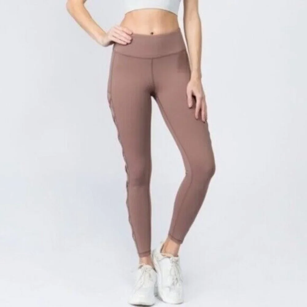 Yelete Active Leggings Womens Small Mauve Mesh Criss Cross Side‎ Exercise Sports - Picture 2 of 10